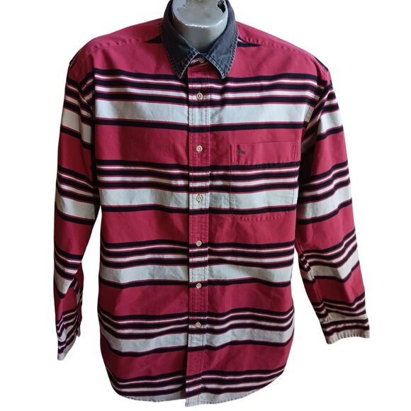 Vintage Men's Shirt Large 1990's Tommy Hilfiger Brush Popper Striped All Cotton - Picture 2 of 7